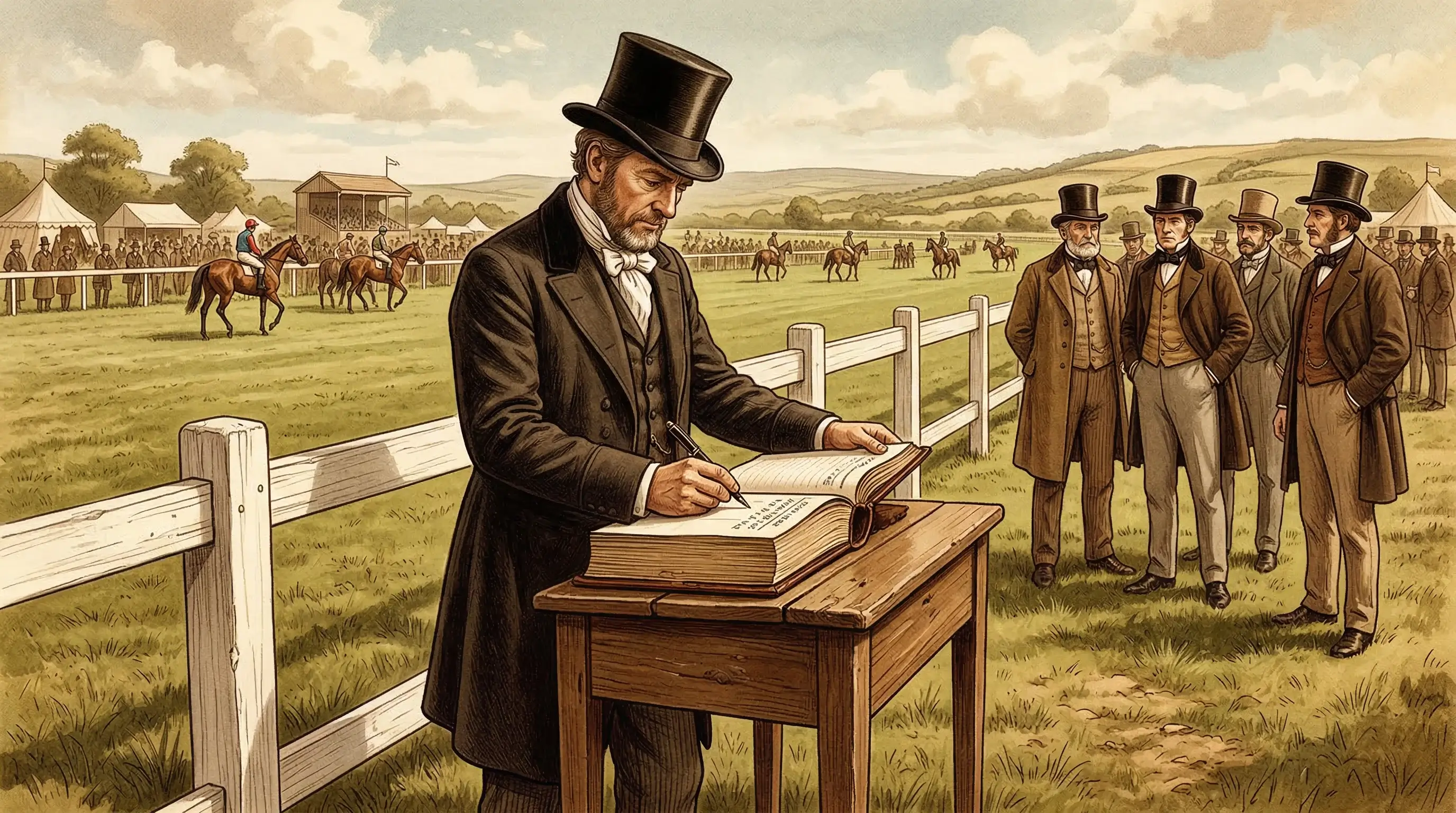 Vintage illustration of turf accountants recording ante-post odds in leather-bound ledger at a British racecourse