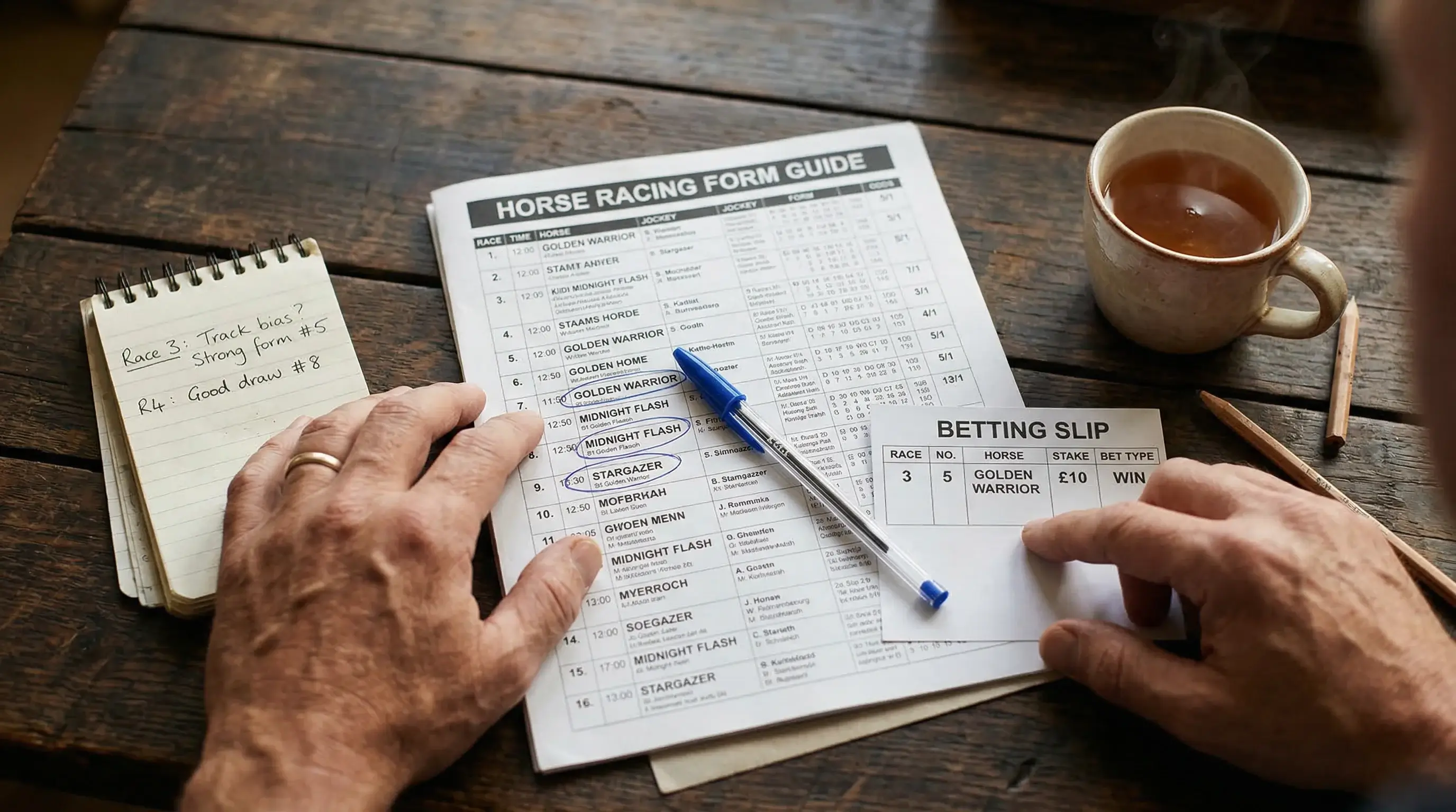 Close-up of a horse racing form guide and betting slip on a desk with a pen highlighting ante-post rules