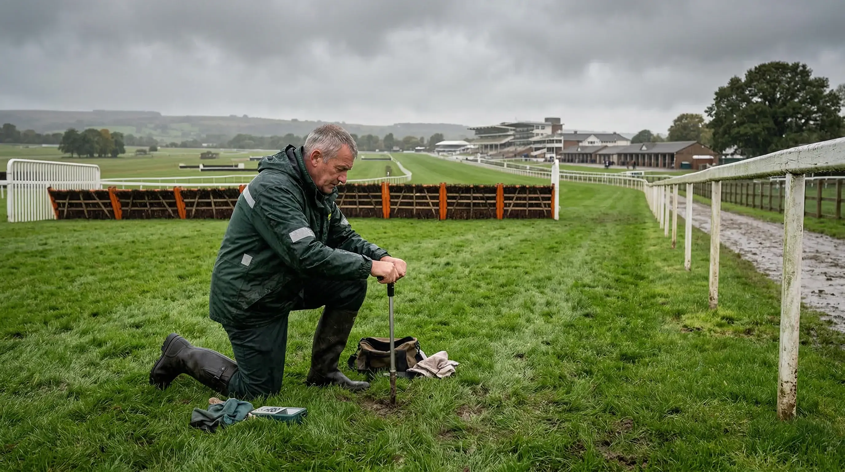 Groundsman inspecting soft turf at a jump racing course with hurdles visible in the background on an overcast day