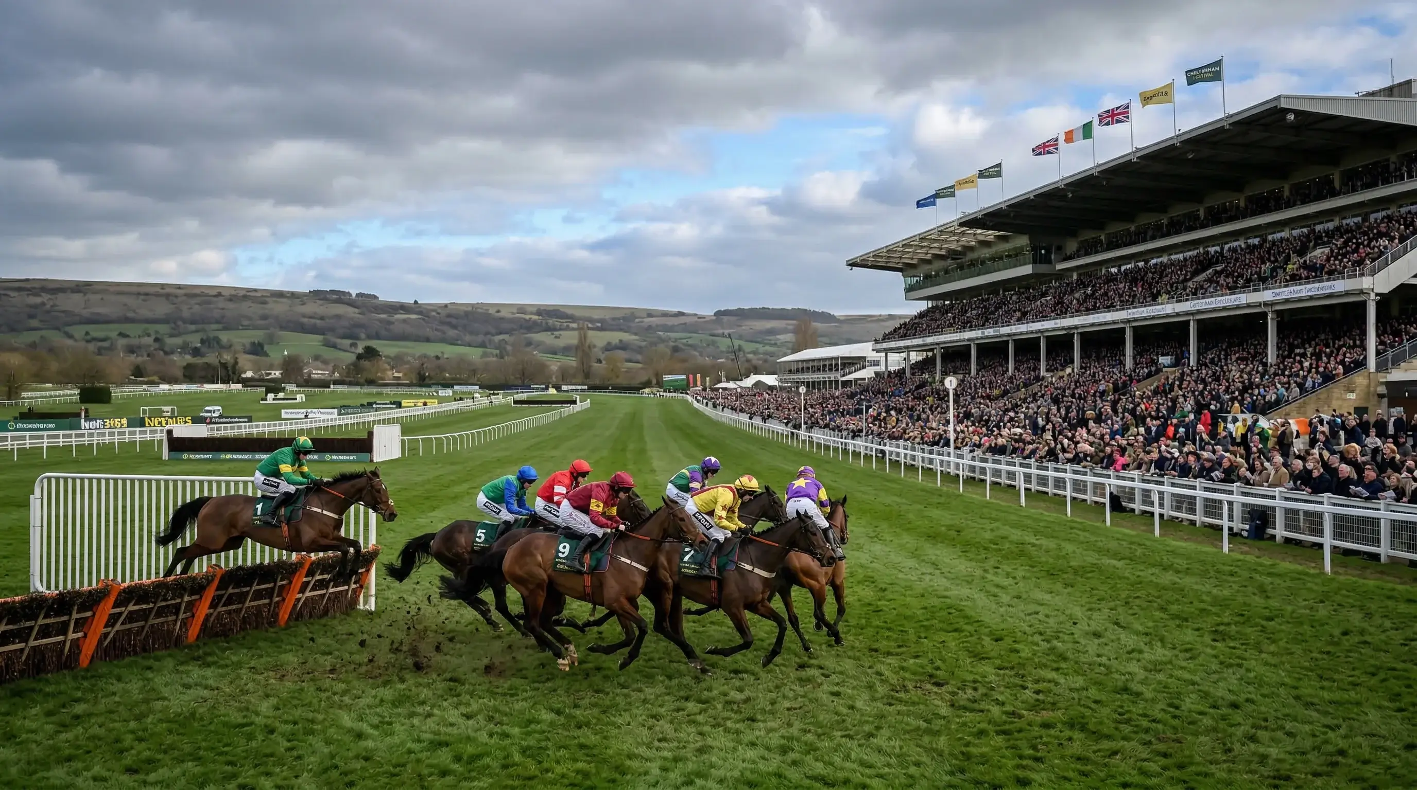 Crowds gathered at Cheltenham Racecourse grandstand on a March afternoon with horses approaching the final fence