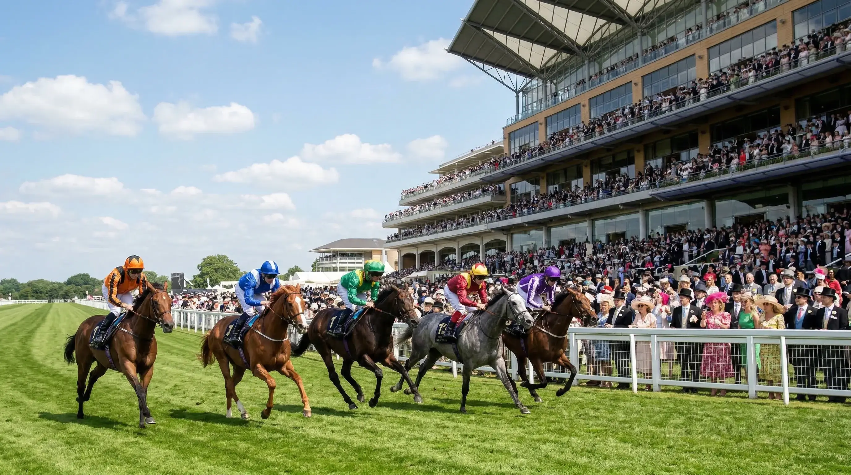 Horses racing past the Royal Ascot grandstand on firm ground during the five-day June meeting with spectators in formal attire