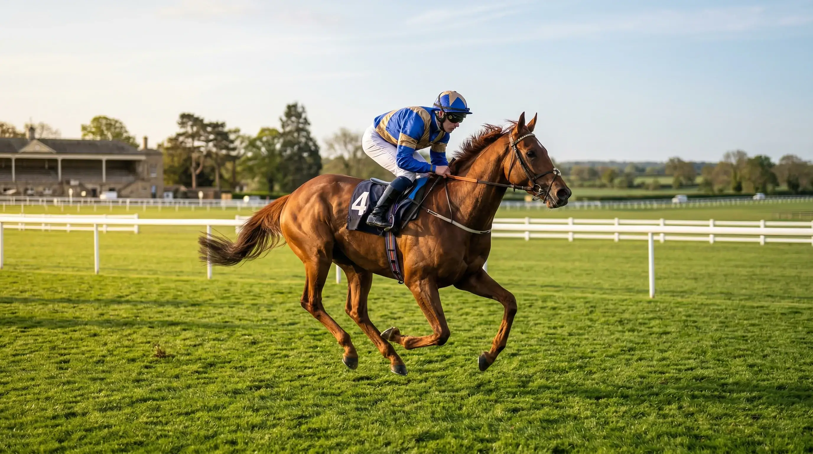 Thoroughbred racehorse galloping on a green turf track at a British racecourse on a bright spring morning